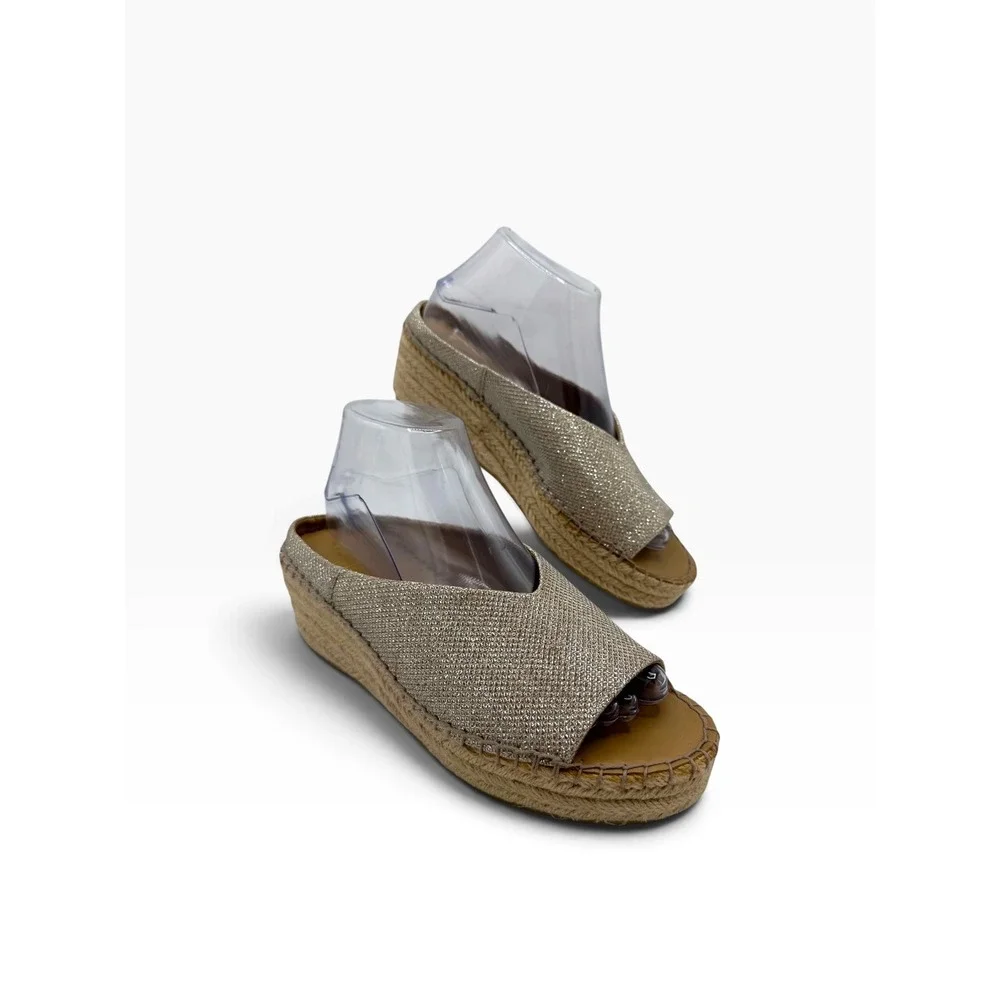 Franco Sarto Pine Womens 8M Champagne Silver Metallic Espadrille Wedge Sandals
